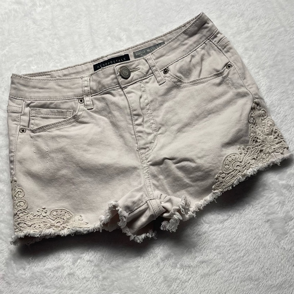 Aeropostale Shorts Women’s Denim Cut Off Crochet Distressed High Waisted Shorty